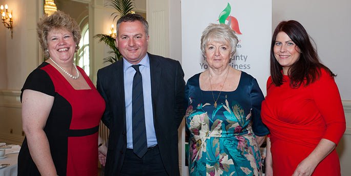 Guest Speaker Sylvia Marshall of Cosy Homes Online and Author of “Zero to a Million”, Celebrity Host - Hywel James, Janet Harris - Monmouthshire Business Awards, Right: Kellie Beirne of Monmouthshire County Council Attending the launch event of Monmouthshire Business Awards 2014 at The Angel Hotel